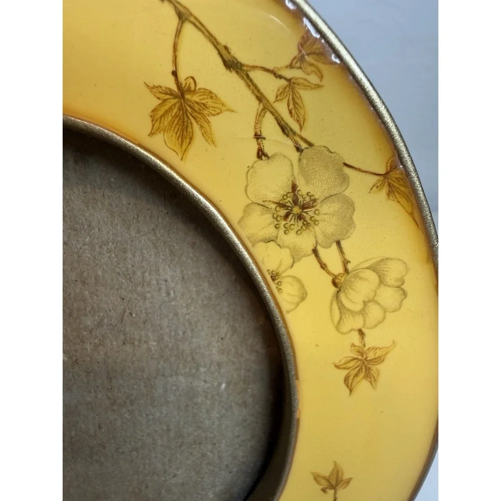 Vintage Yellow Enamel Oval Floral Picture Frame Brass Metal Tabletop Photo Decor
